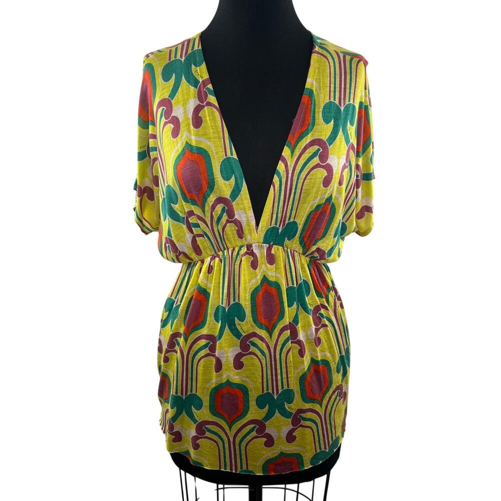 Y2K 90's 2000's T-Bags Los Angeles Yellow Deep V Retro Print Top S Small